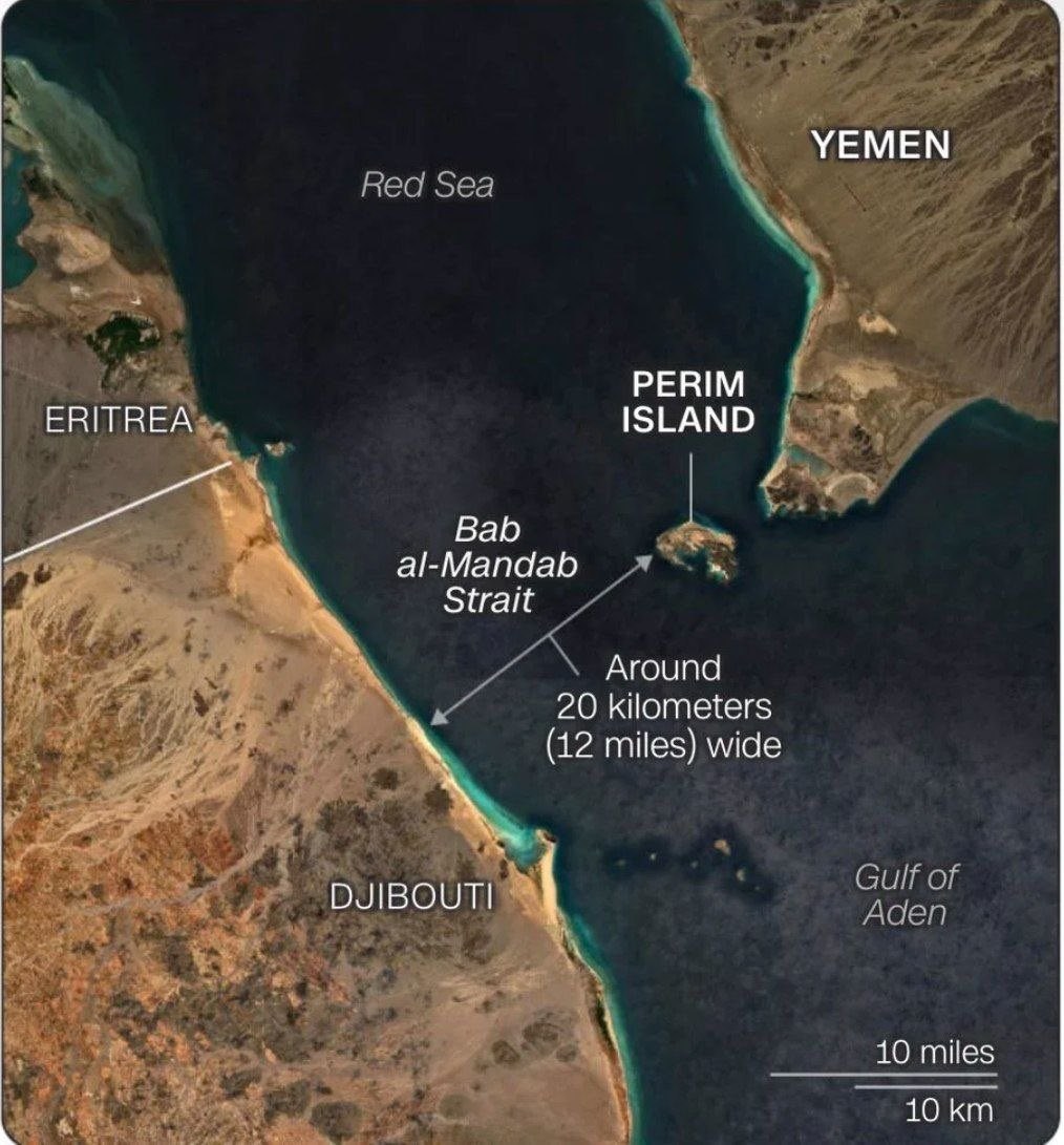 Bab el Mandeb, Perim Island in the fairway. Location map.
