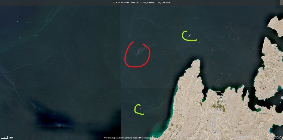 Sentinel-2 frame. Floating containers and traffic in the Strait of Hormuz.