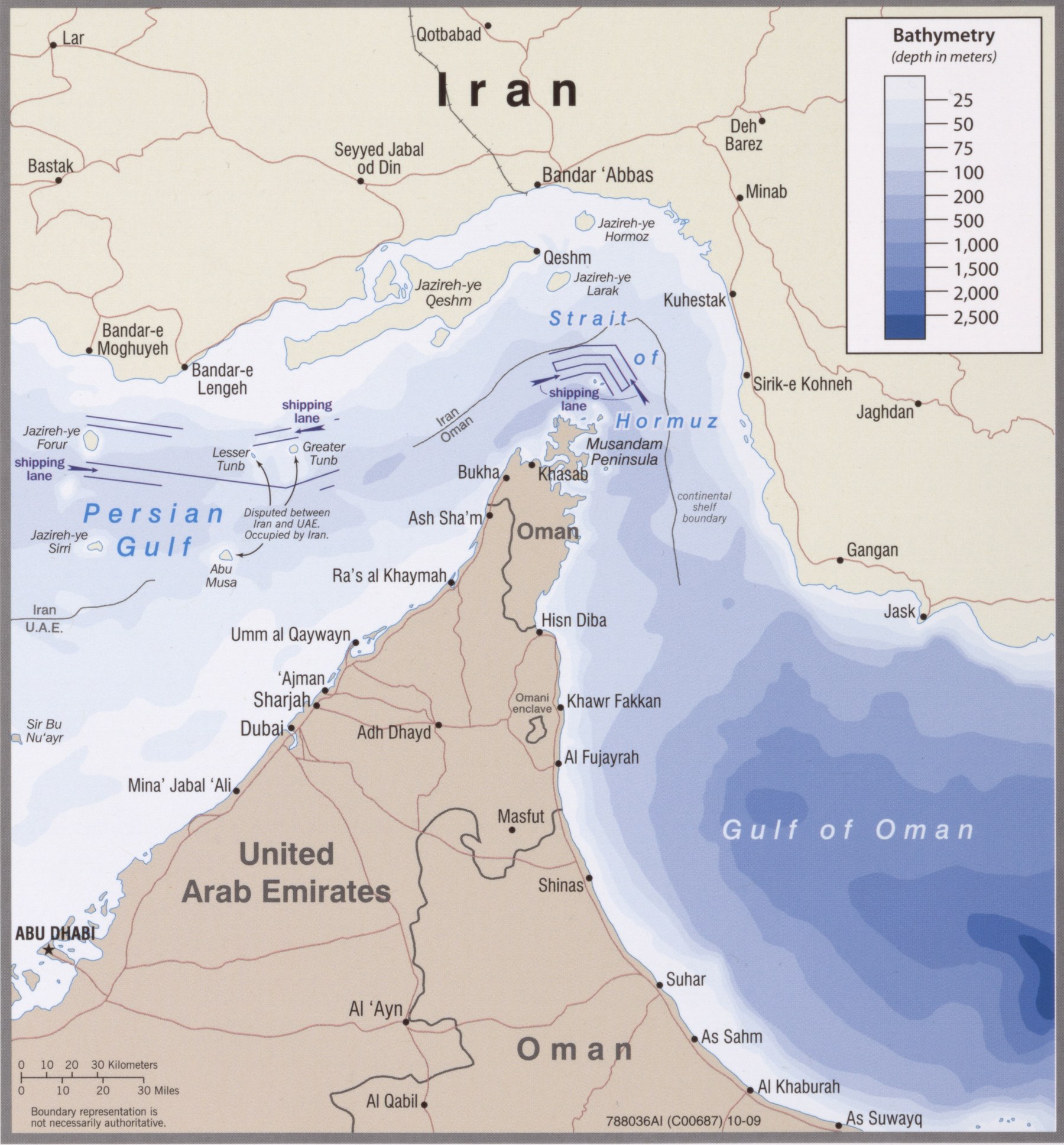 Strait of Hormuz: shipping lanes, Musandam, Khasab. Locator only — not a picture of 13 August, and Khasab is a place, not a hull.