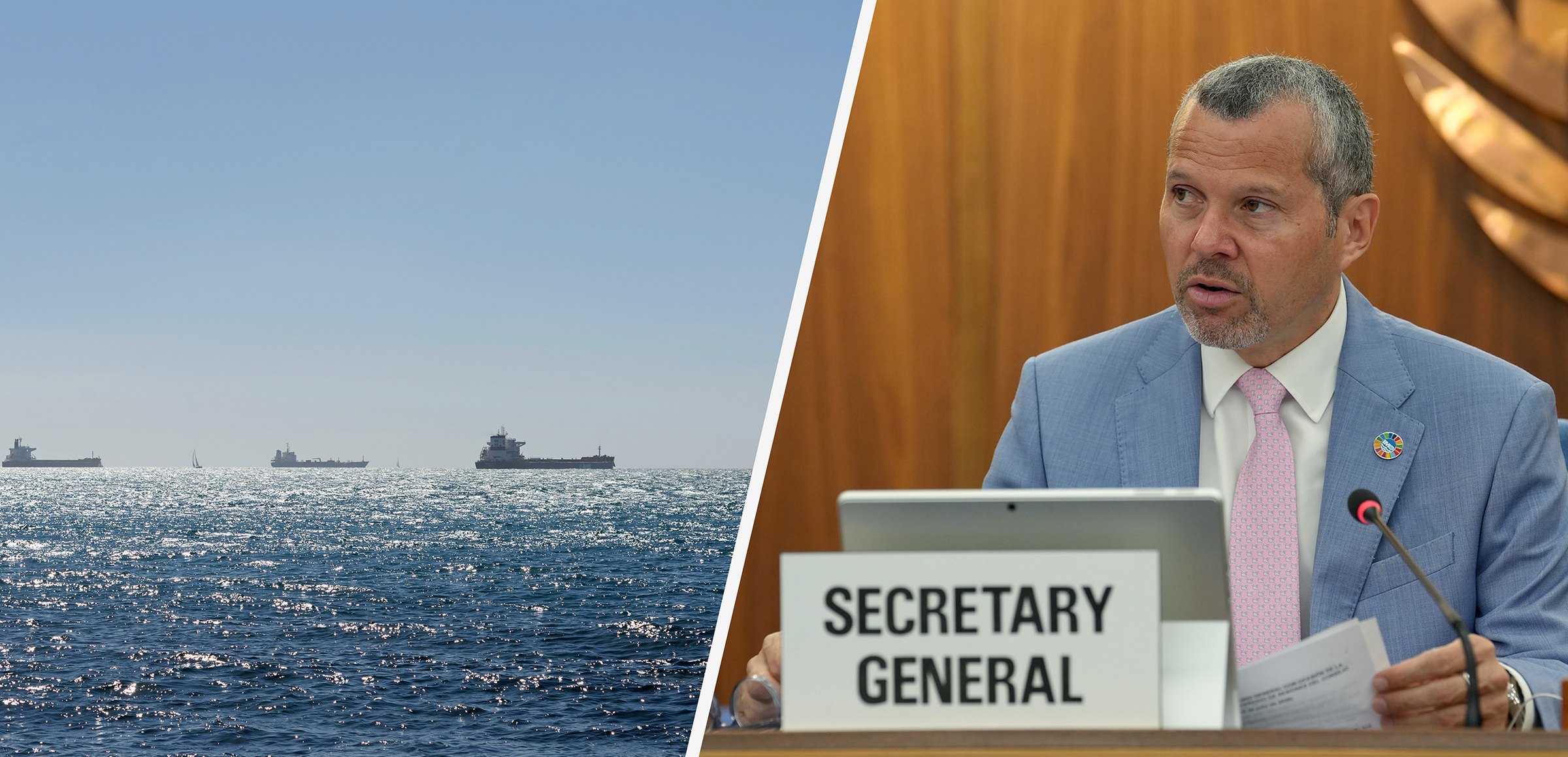 Merchant ships on open water (left) and IMO Secretary-General Arsenio Dominguez (right).