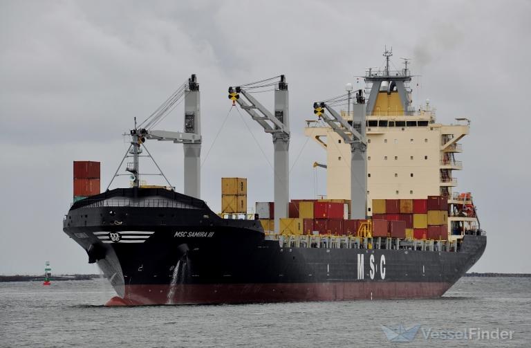 Container ship underway, painted MSC SAMIRA III.